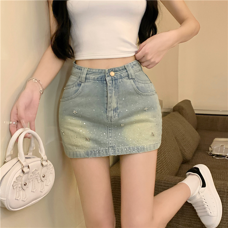 Denim rhinestone short skirt slim summer skirt