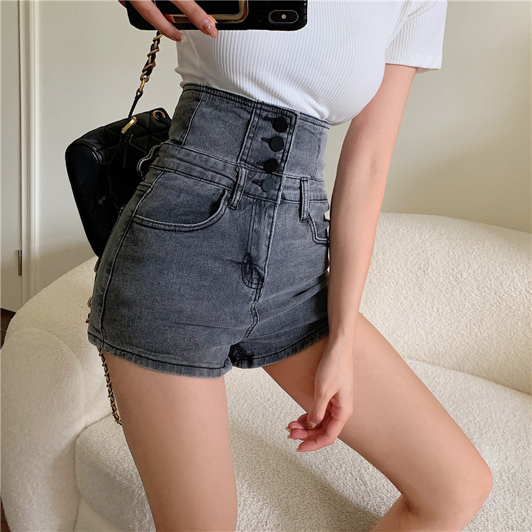 Ultrahigh single-breasted short jeans personality slim shorts