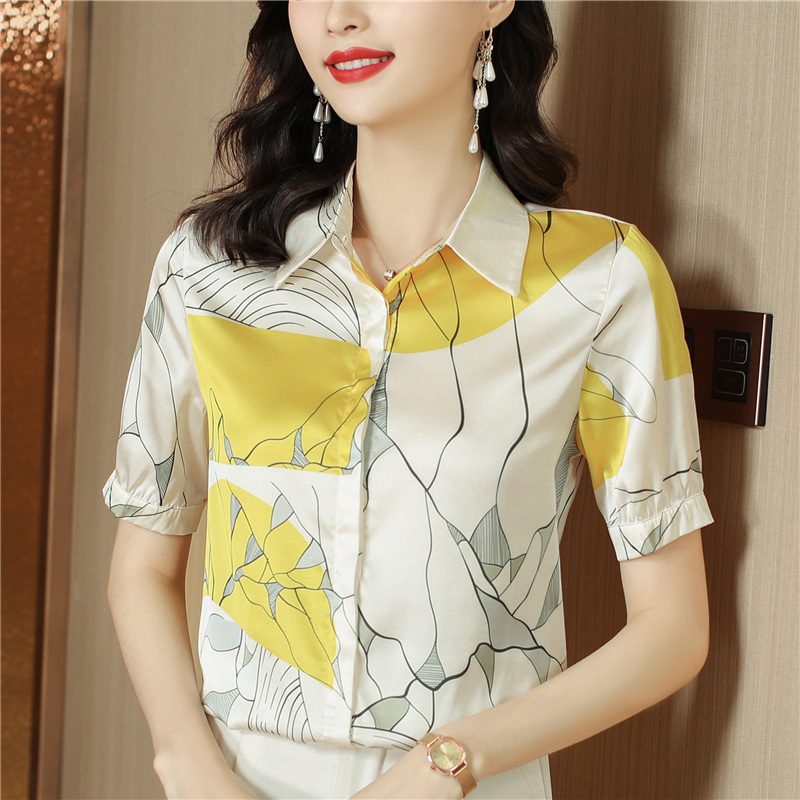 Real silk short sleeve tops silk Western style shirt for women