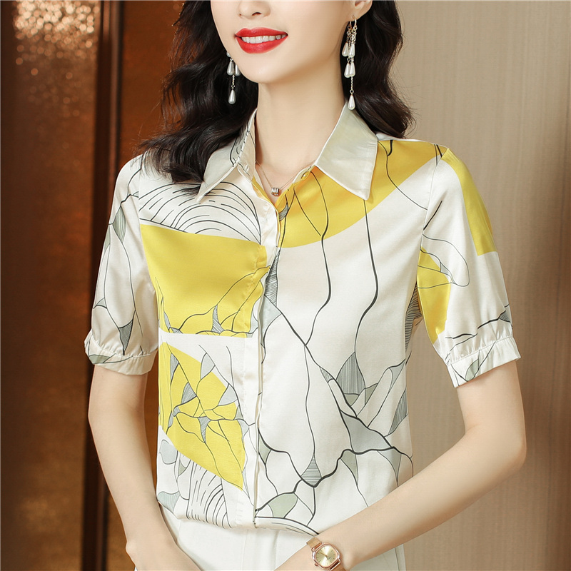 Real silk short sleeve tops silk Western style shirt for women