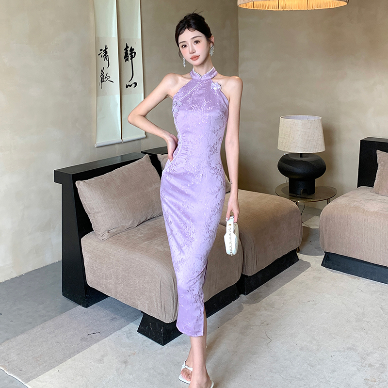 Halter jacquard cheongsam enticement dress for women