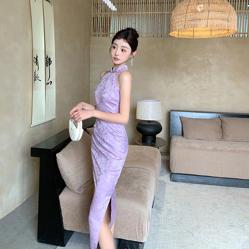 Halter jacquard cheongsam enticement dress for women