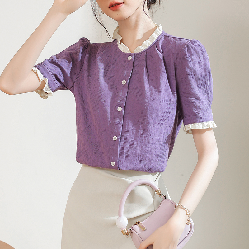 Short sleeve commuting shirt wood ear purple tops for women