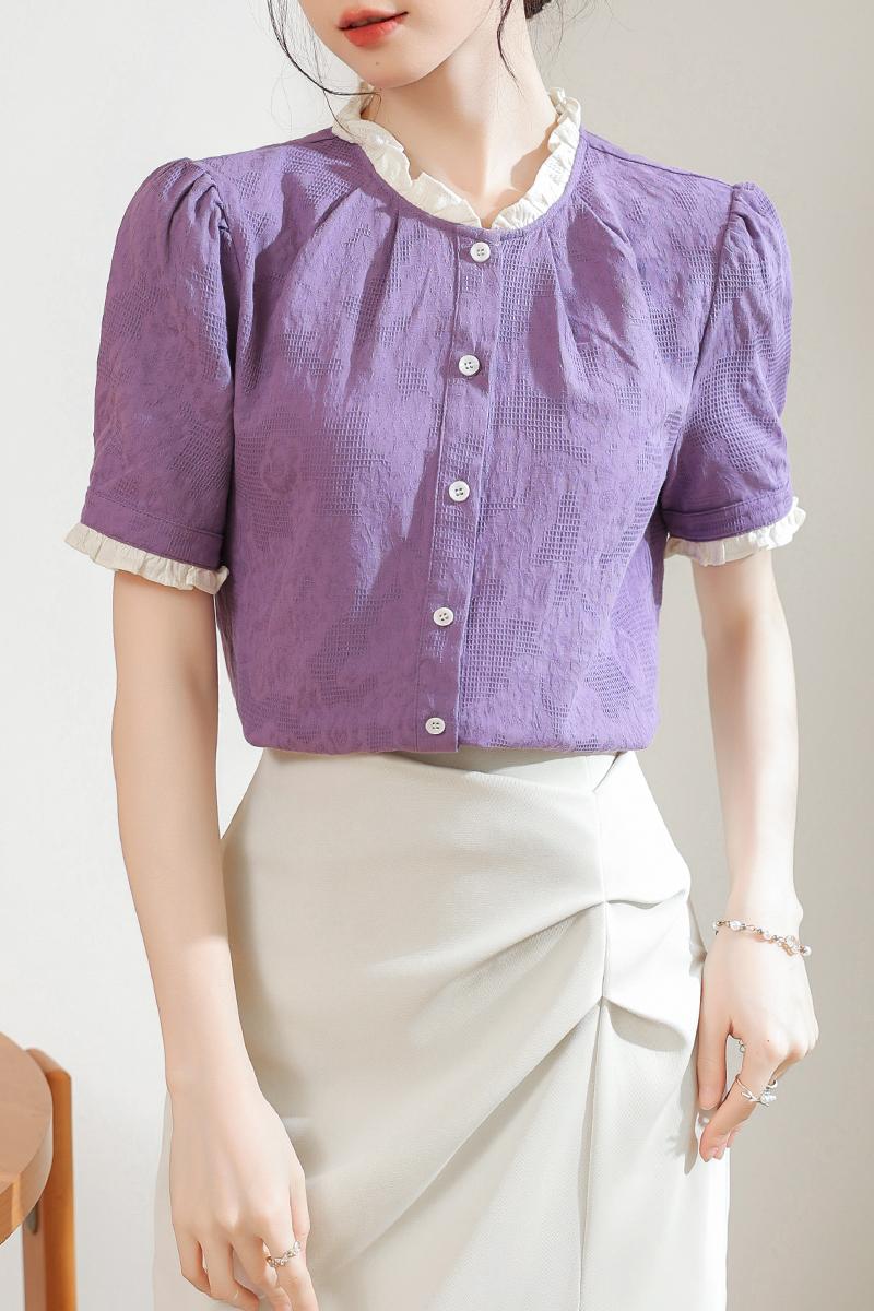 Short sleeve commuting shirt wood ear purple tops for women