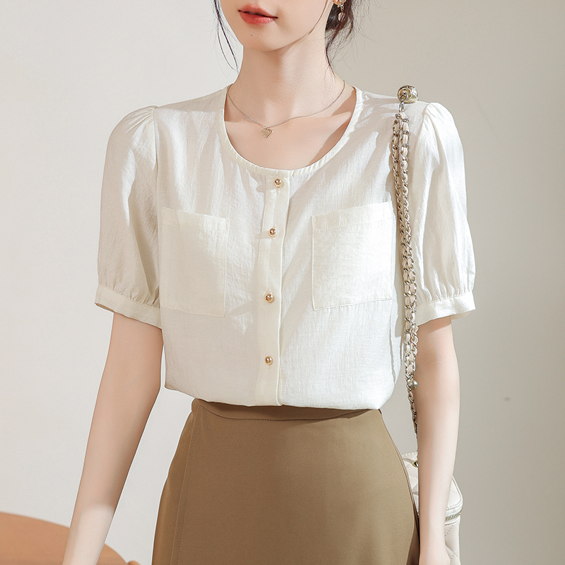 Commuting France style tops round neck summer shirt for women