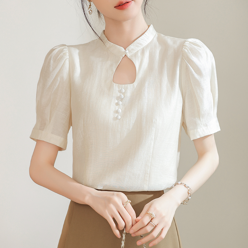 Chinese style light tops cstand collar shirt for women