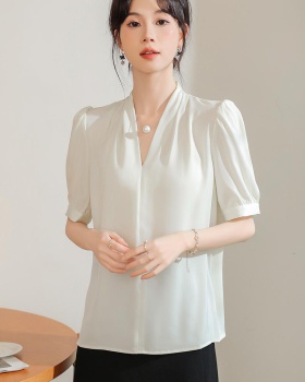 Satin drape tops France style short sleeve shirt for women