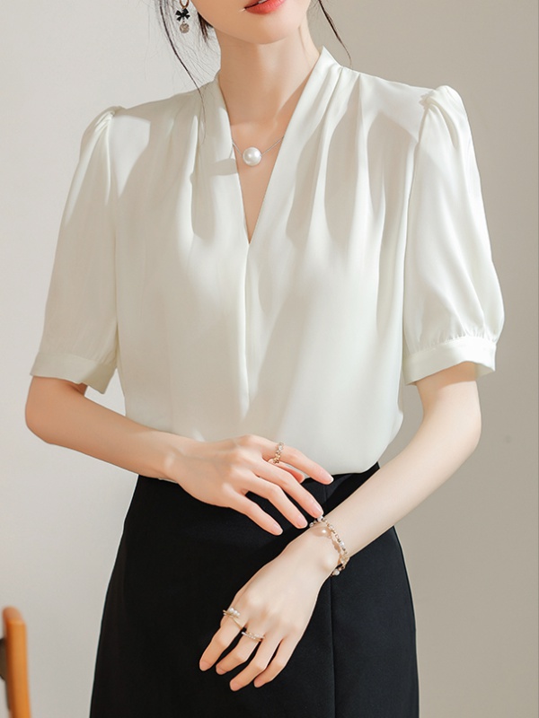 Satin drape tops France style short sleeve shirt for women