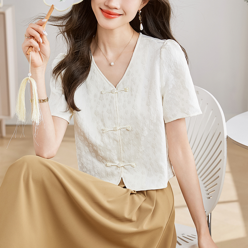 Chiffon Chinese style tops V-neck summer shirt for women