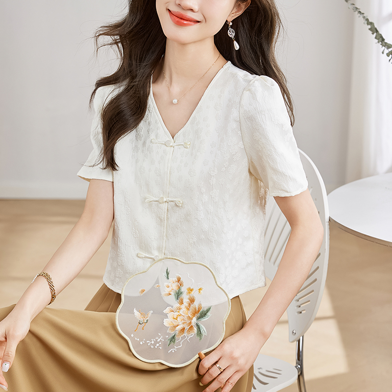 Chiffon Chinese style tops V-neck summer shirt for women