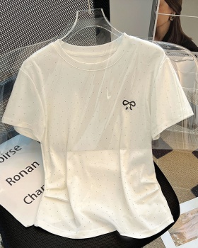 Rhinestone basis simple T-shirt round neck summer tops for women