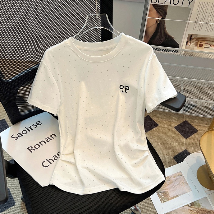 Rhinestone basis simple T-shirt round neck summer tops for women