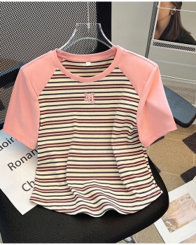 Korean style spicegirl short T-shirt summer stripe tops for women