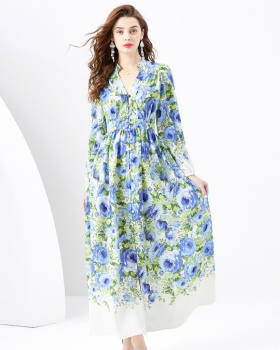V-neck wavy edge spring and summer printing long dress