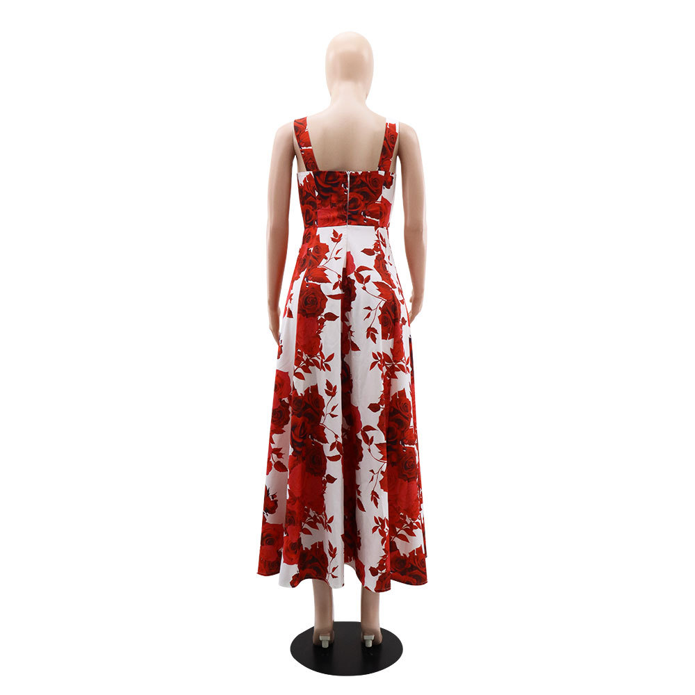 Rose sling dress printing long dress for women