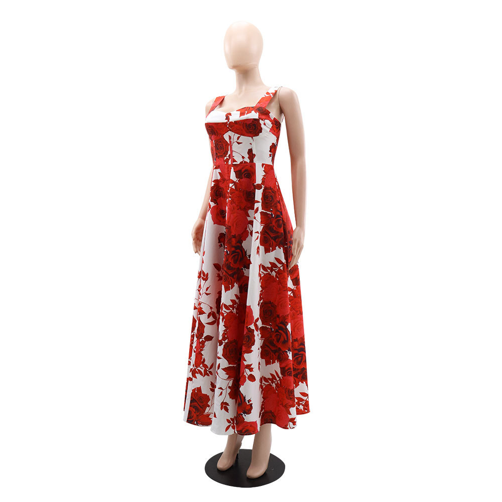 Rose sling dress printing long dress for women