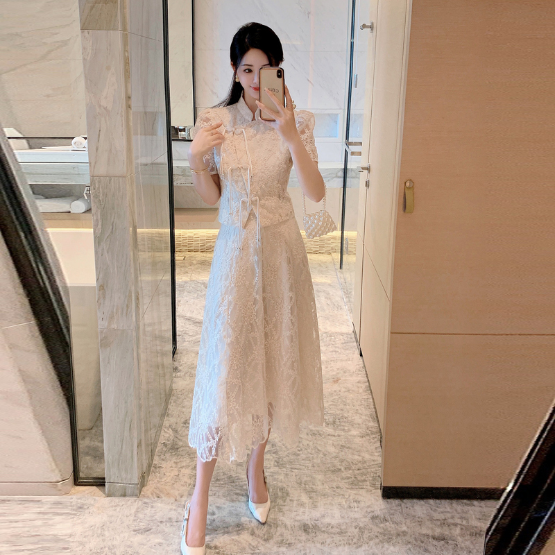 Big skirt tops Chinese style long dress 2pcs set