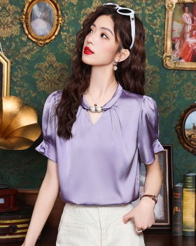 Cstand collar tops Cover belly chiffon shirt for women
