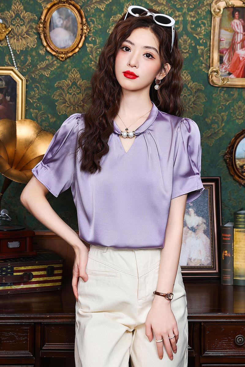 Cstand collar tops Cover belly chiffon shirt for women