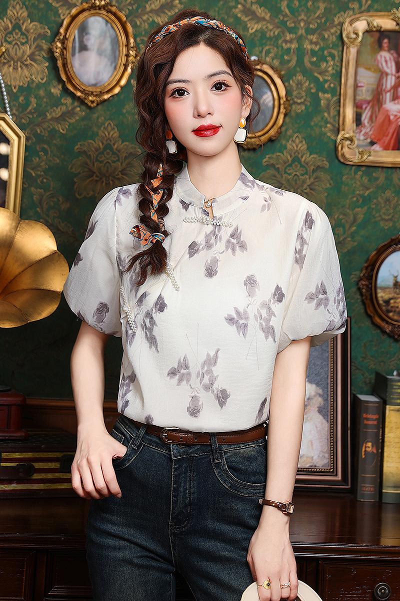 Cstand collar ink tops printing summer shirt for women