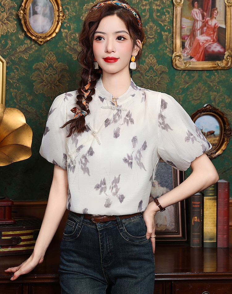 Cstand collar ink tops printing summer shirt for women