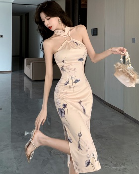Halter Chinese style retro dress sexy long summer cheongsam