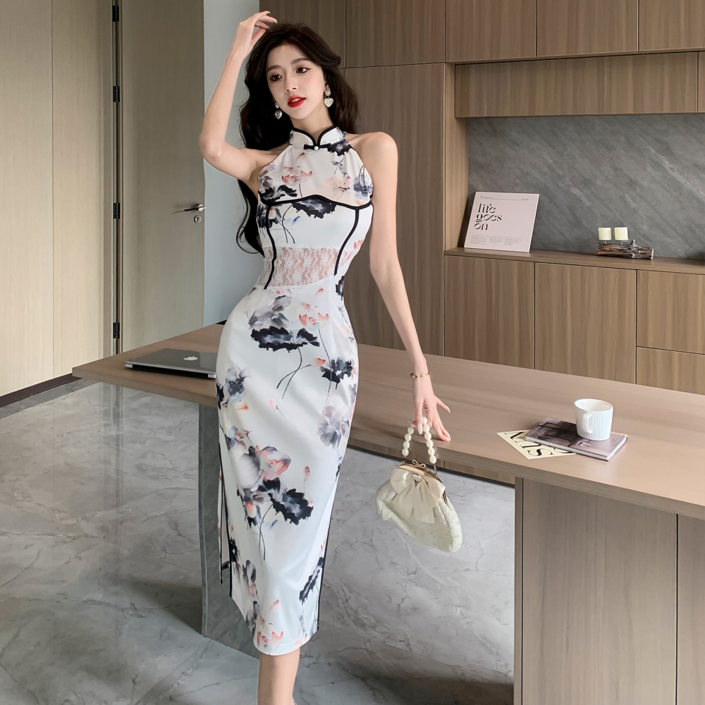 Ladies ink elegant dress decorous long cheongsam