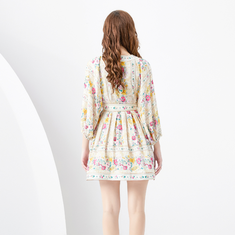 Spring and summer mini lantern sleeve printing dress