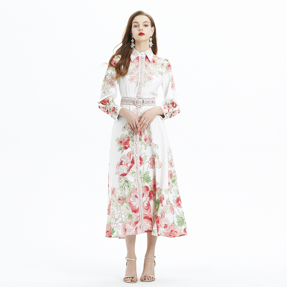 Vacation single-breasted shirt flowers long dress