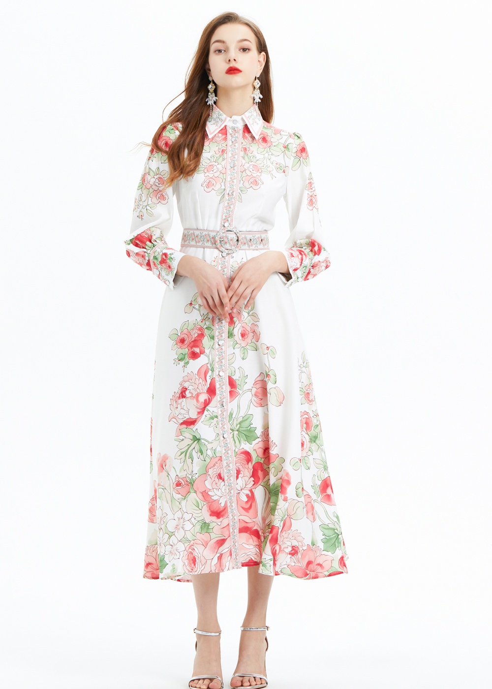 Vacation single-breasted shirt flowers long dress