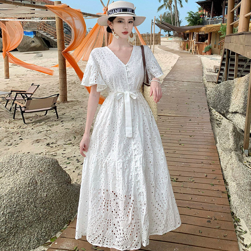 White hollow dress pure cotton vacation long dress