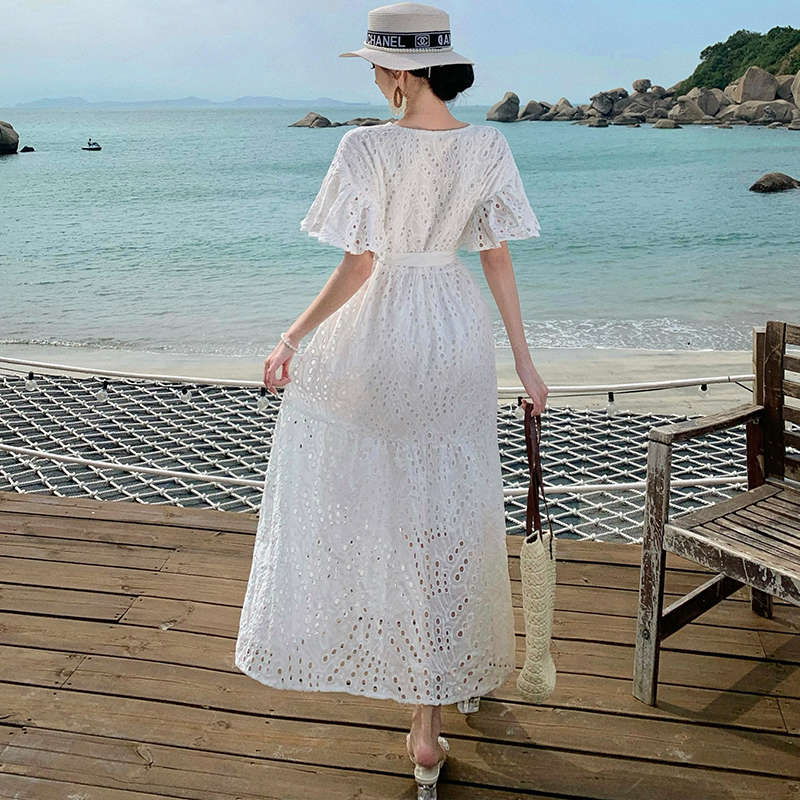 White hollow dress pure cotton vacation long dress