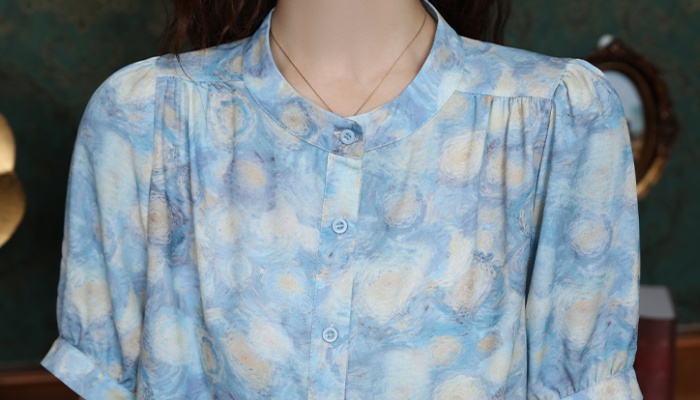 Blue summer shirt puff sleeve printing chiffon shirt