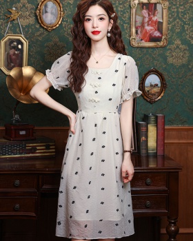 High waist square collar long dress embroidery dress