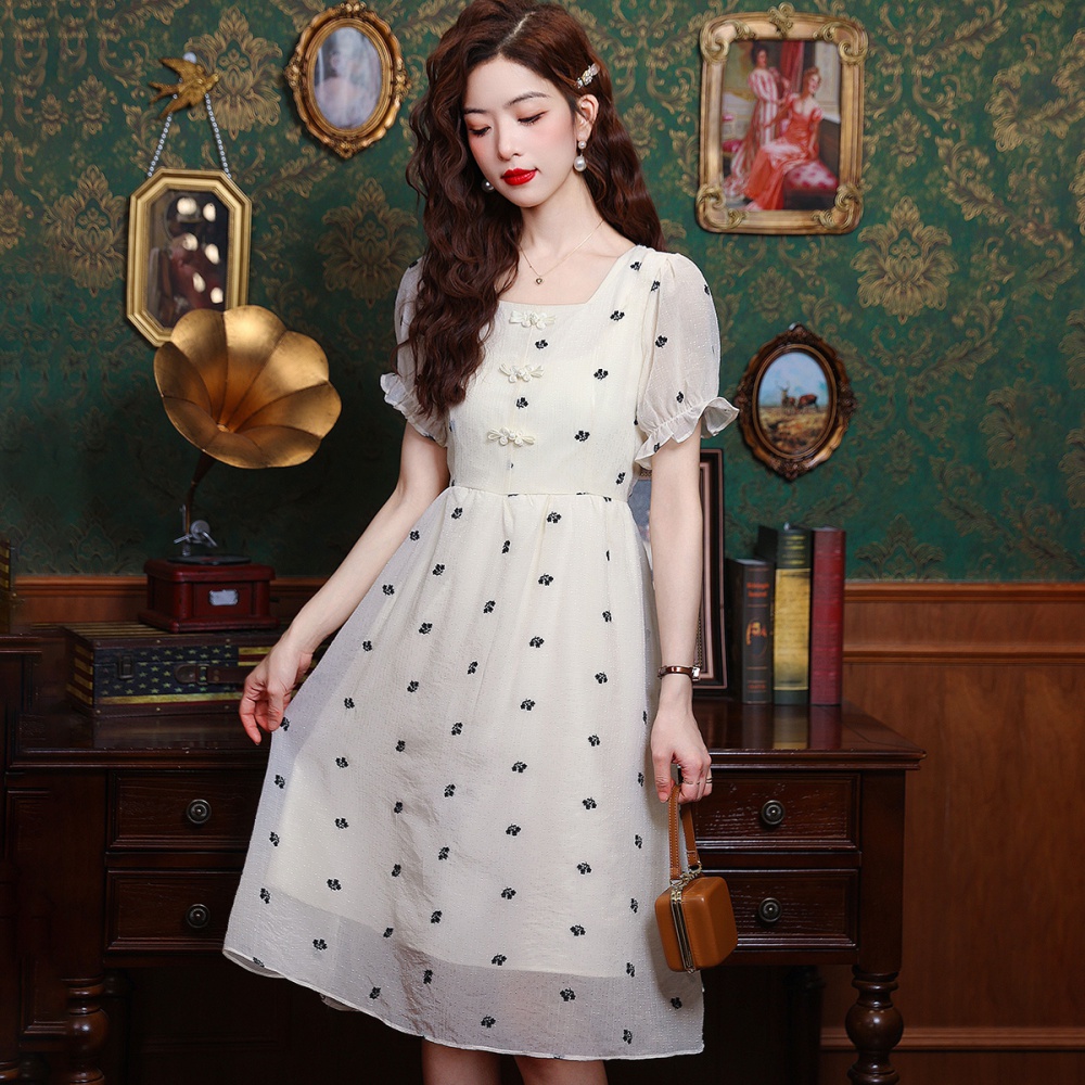 High waist square collar long dress embroidery dress