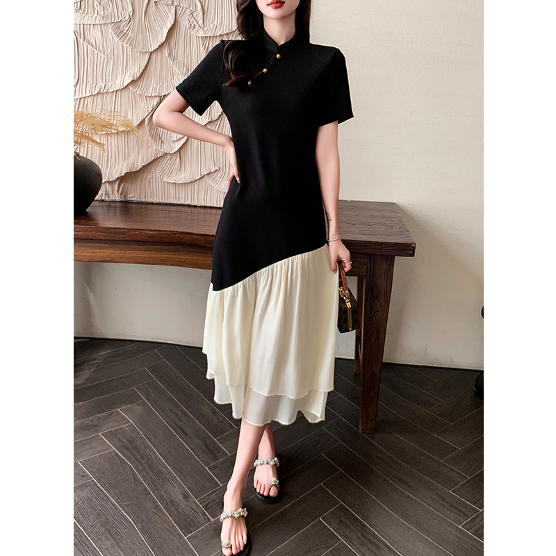 Knitted Chinese style short sleeve dress for women
