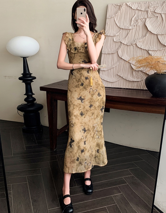Gold line summer chiffon jacquard short sleeve floral dress