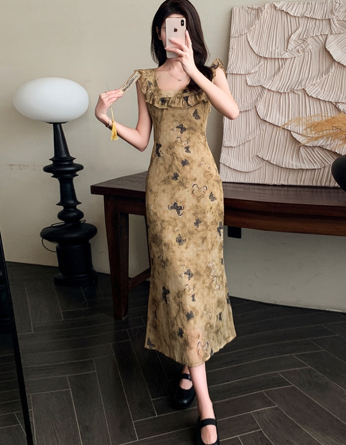 Gold line summer chiffon jacquard short sleeve floral dress