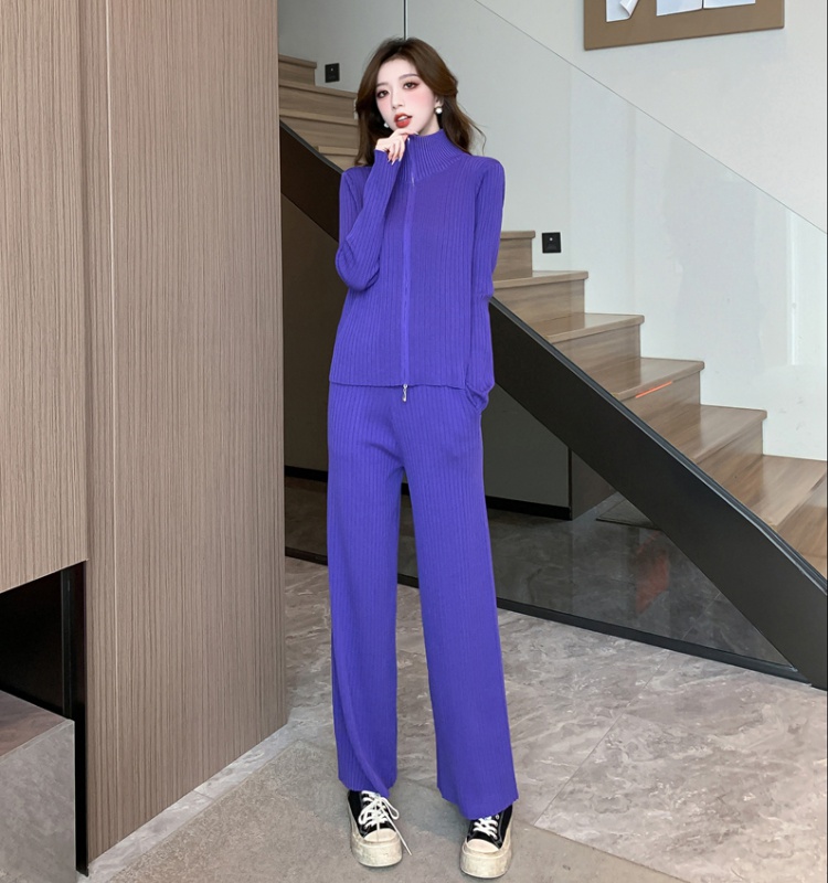 Korean style zip sweater knitted long pants 2pcs set