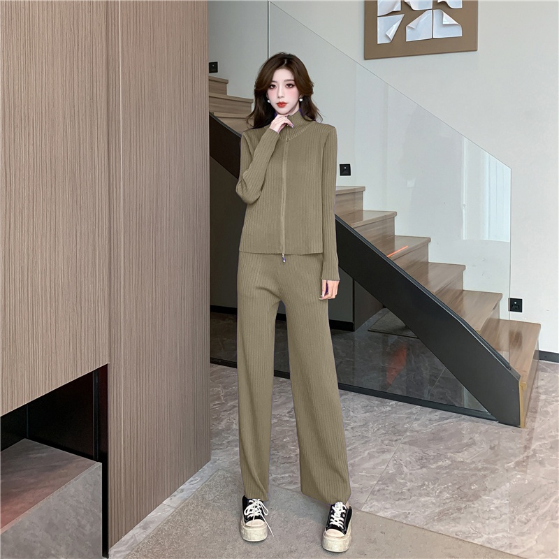Korean style zip sweater knitted long pants 2pcs set