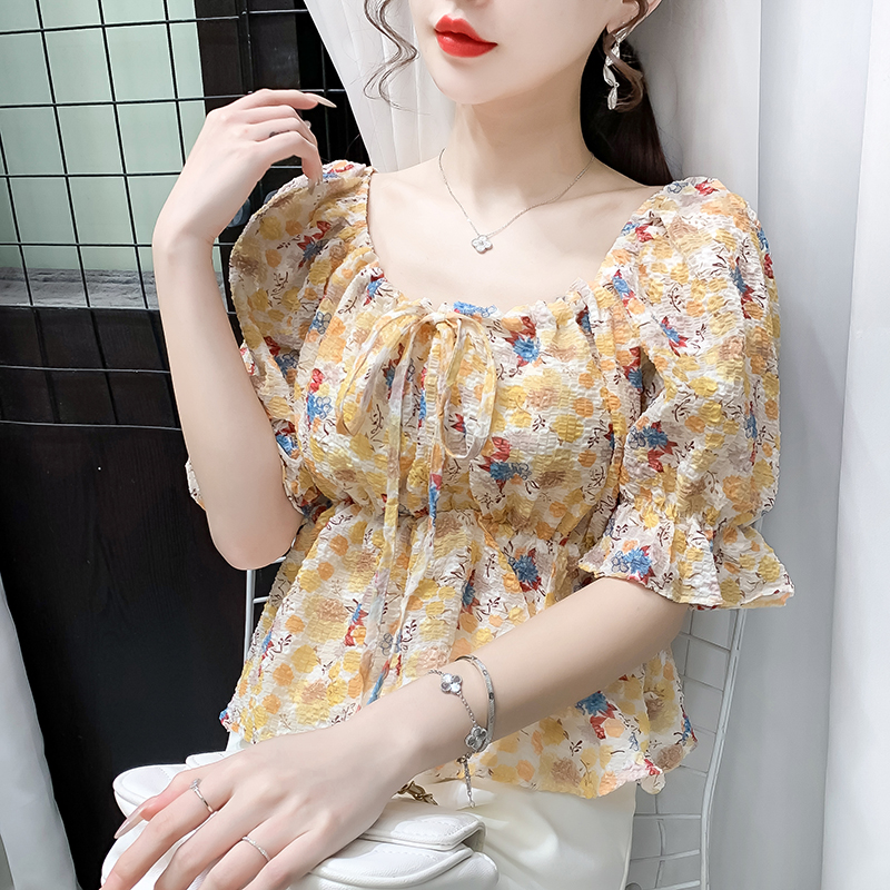 Short sleeve frenum France style tops summer clavicle shirt