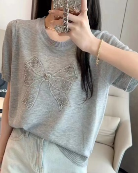 Rhinestone round neck knitted T-shirt summer bow tops