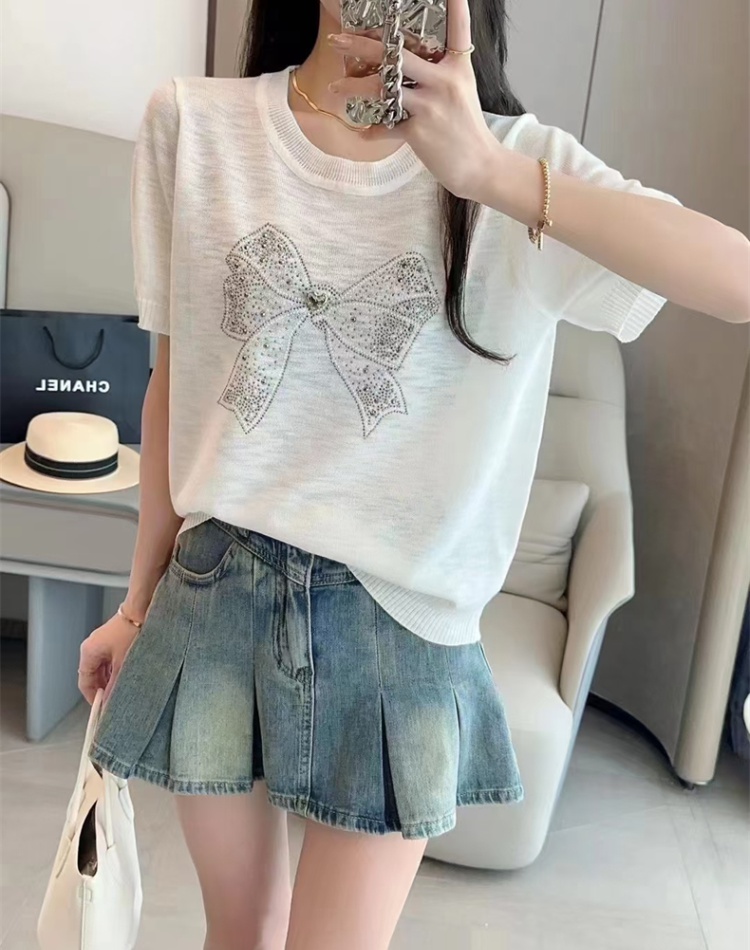 Rhinestone round neck knitted T-shirt summer bow tops
