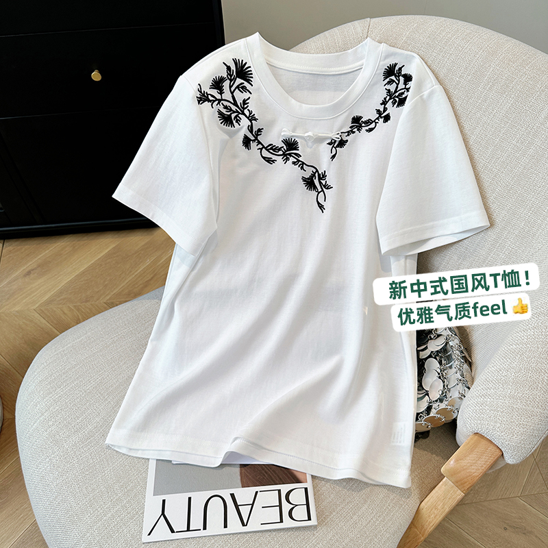 Slim Chinese style T-shirt summer white tops for women