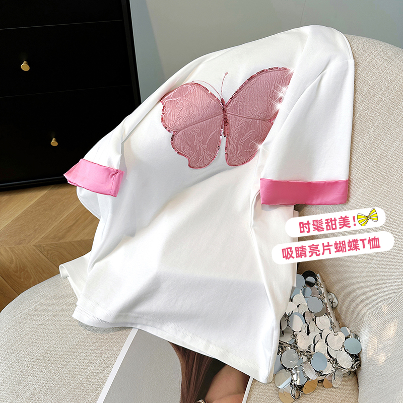 White butterfly T-shirt summer tops for women