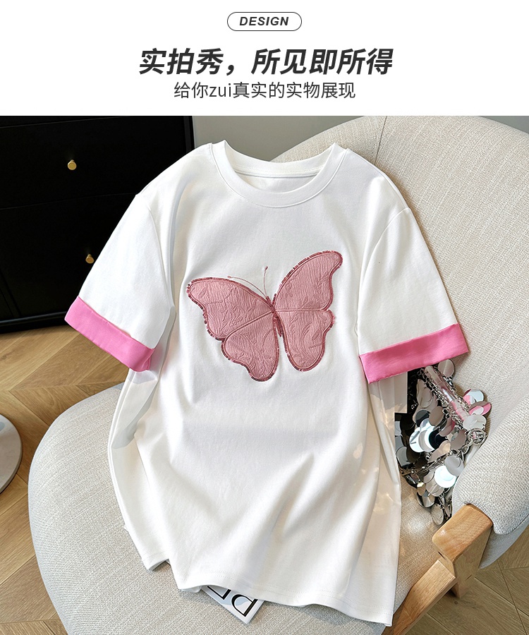 White butterfly T-shirt summer tops for women