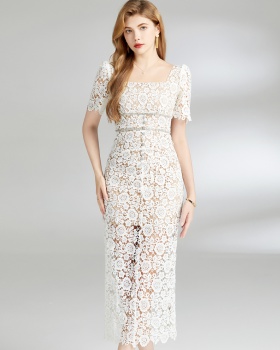 Pinched waist flowers package hip hollow slim lace dress for women