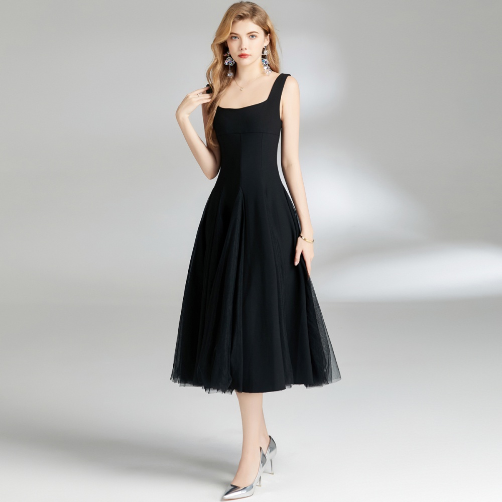 Gauze sling dress lady black long dress for women