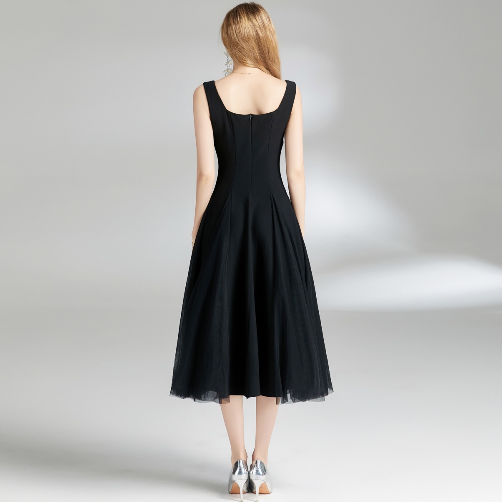 Gauze sling dress lady black long dress for women