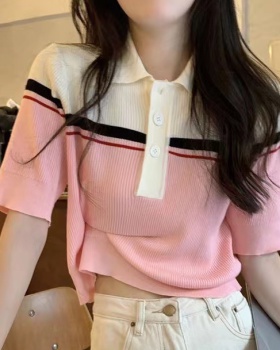 Ice silk slim bottoming T-shirt Korean style stripe tops